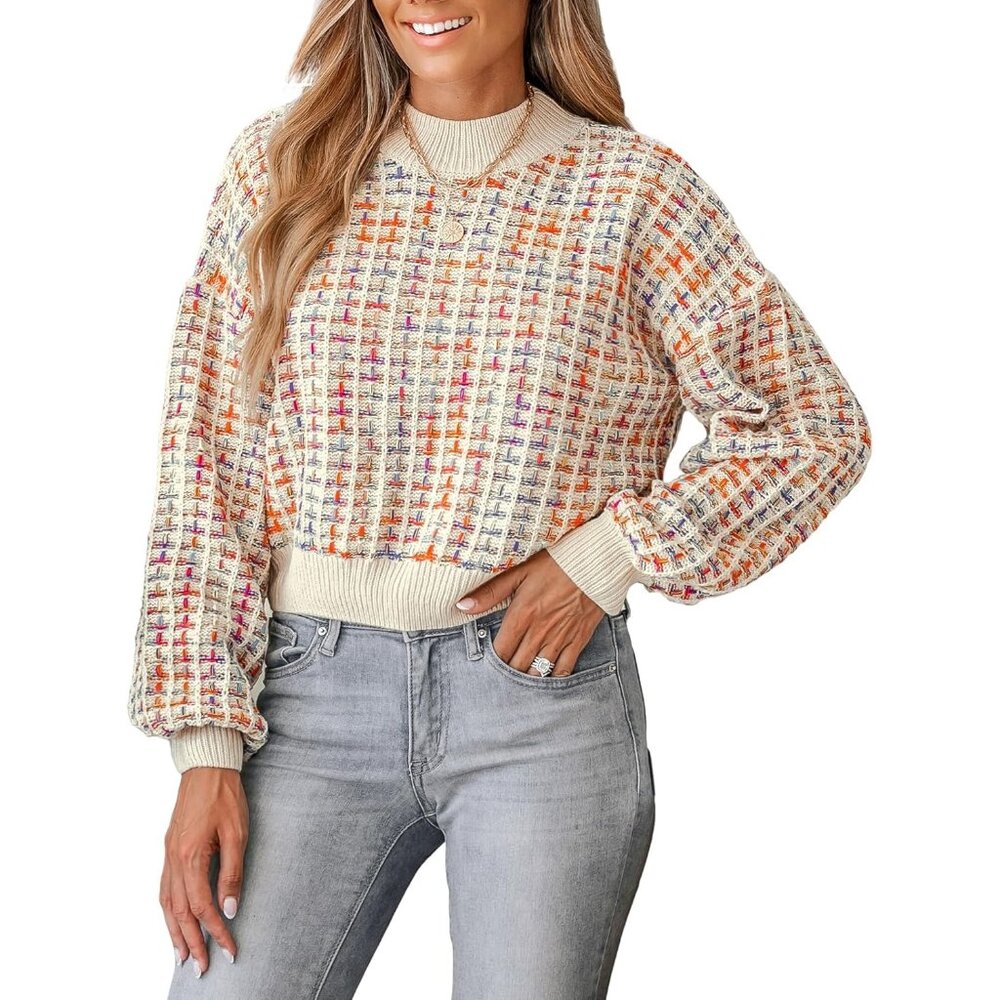 Women's Knit Sweater Color Block Drop Sleeve Roun… - image 1